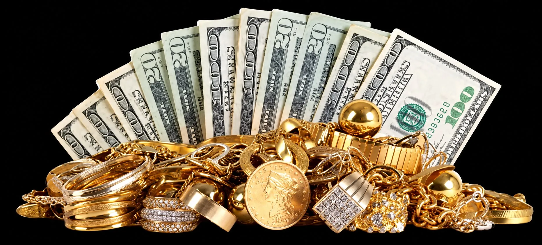 Abanico de billetes de 20 y 100 dólares detrás de un montón de prendas de oro: pulseras, anillos con diamantes, cadenas, una moneda y un reloj.
